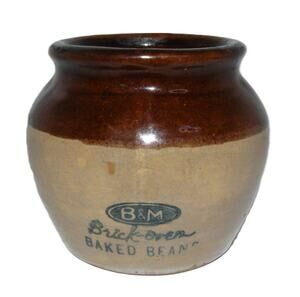 Vintage B&M Brick Oven Baked Beans Mini Stoneware Crock Jar Rustic Brown Tan